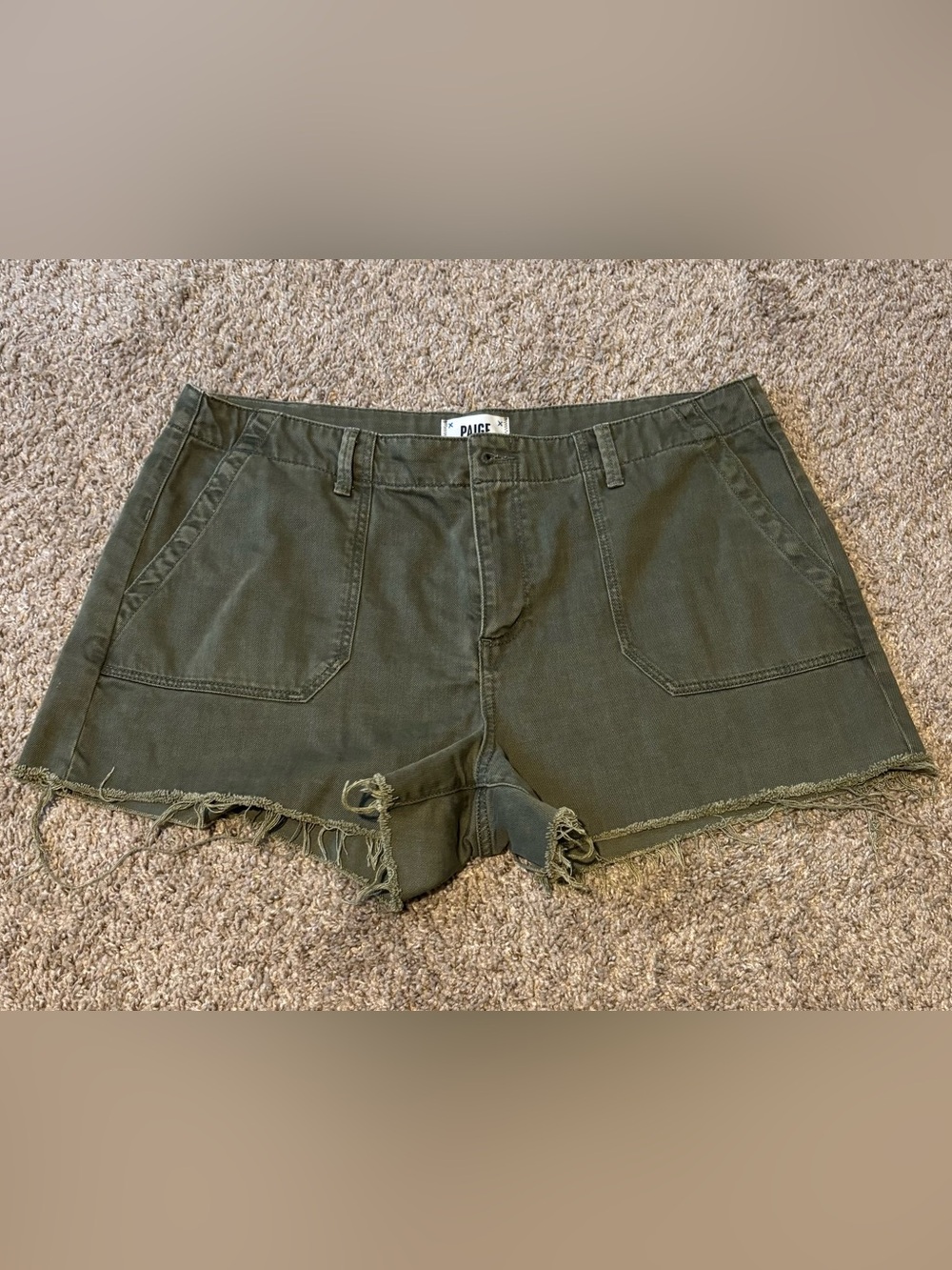 PAIGE Sz 34 Olive Green Denim Cutoff Shorts